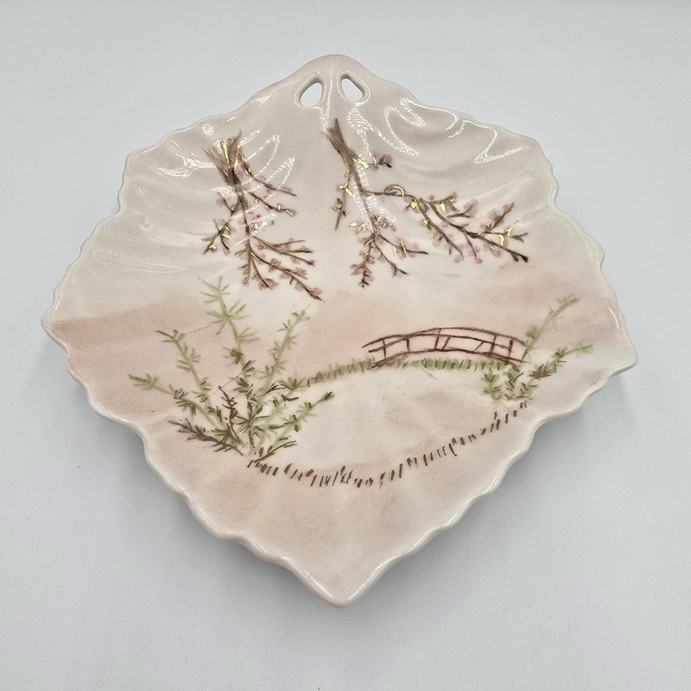 Hand Painted Ceramic Leaf Dish Bridge Landscape Artist Signed 1965 Vintage
